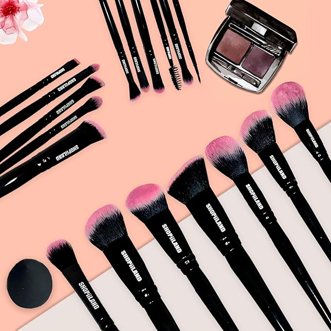 18-Piece Vegan Makeup Brush Set – Black & Pink Case, Soft Synthetic Bristles, Cruelty-Free, Ideal for Liquid, Powder, Cream & Bronzer; Includes Kabuki, Blender, Blush & Eyeshadow Brushes
