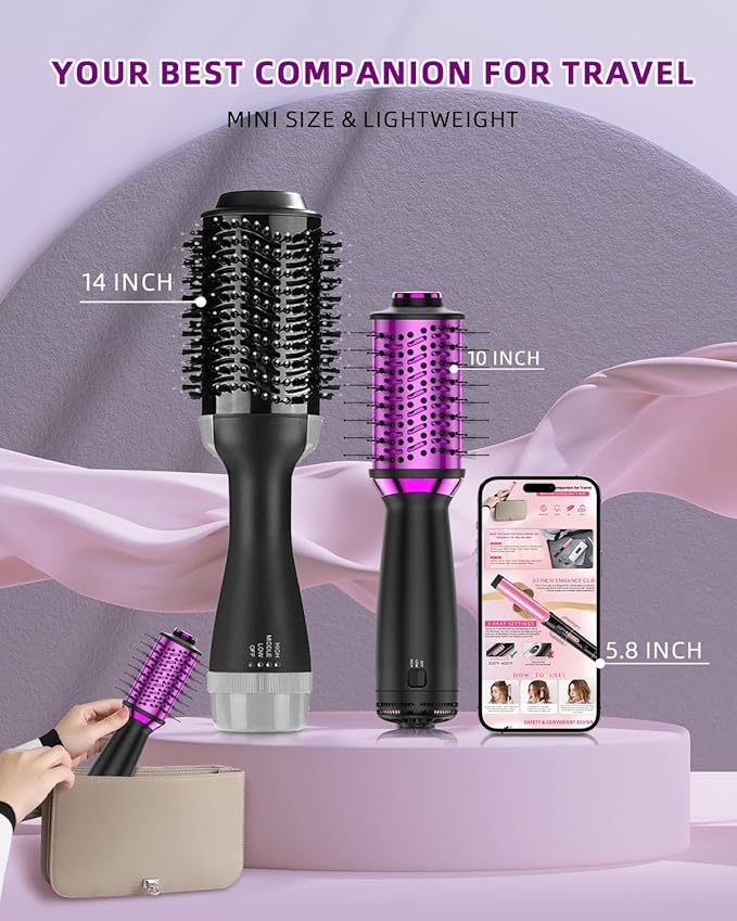 DORISILK Small Dual Voltage Blow Dryer Brush for Travel,4 in 1 Blow Dryer Brush for Drying Straightening Curling Volumizing，Travel Hot Air Styler with European Plug，2 Inch Oval Barrel