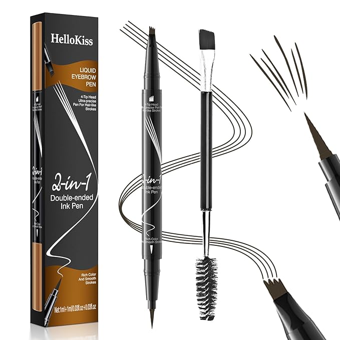 Eyebrow Pen, 2-in-1 Dual-Ended Microblading Eyebrow Pencil, Magical Faux Brow Pen with 4-Fork-Tip & Precise Brush-Tip Create Natural Hair-Like Brow, Waterproof, Stay on All Day, Dark Brown