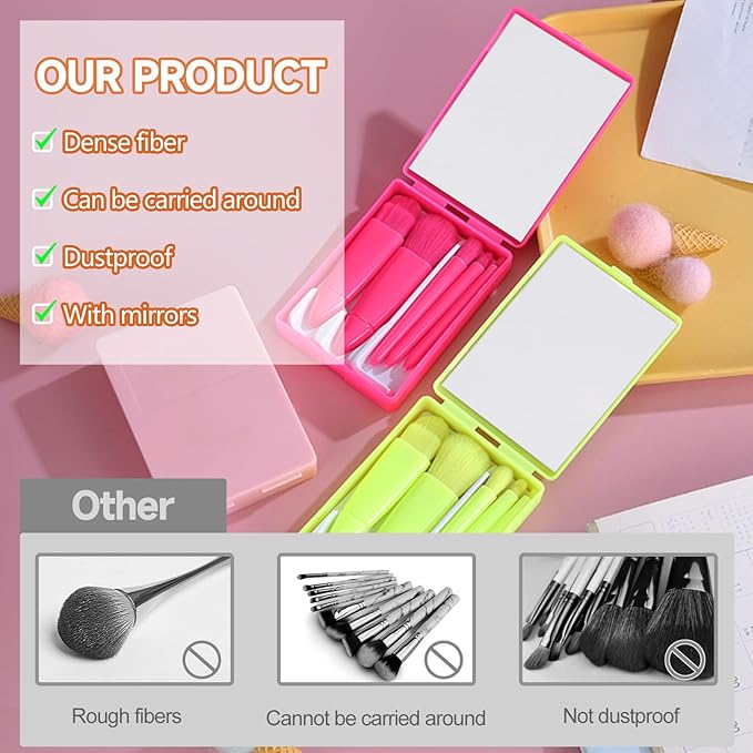 Travel Makeup Brush Set, Portable 5 PCS Mini Makeup Brushes with Mirror, Easy-taken Makeup Tool Set for Eyeshadow, Contour, Blush, Complete Function Cosmetic Profesional Tools (Pink)