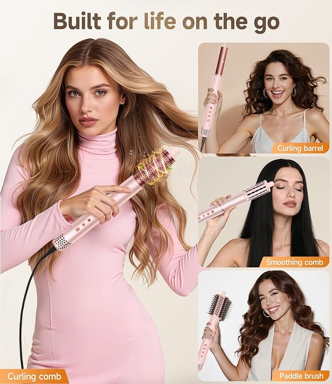 8 in 1 Hair Styler & Air Dryer Brush, 110,000 RPM High-Speed Negative Ionic Foldable Hair Dryer Fast Drying, Multi Professional Hot air Styler for Curling Volumizing Straightening Styling (Pink)
