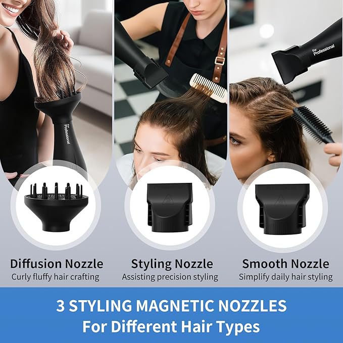 Salon Hair Dryer, Professional Blow Dryer AC Motor Fast Drying with 2 Speed, 3 Heat Setting, Cool Button, with Diffuser, Nozzle, Concentrator Comb for Curly & Straight Hair