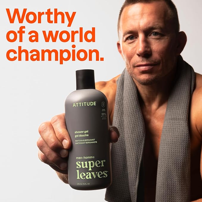 ATTITUDE Shower Gel Body Wash for Men, 98% Natural Origin Ingredients, Paraben & Phthalate Free, EWG Verified, Cleanses Without Drying, Matcha & Bergamot, 14 Fl Oz