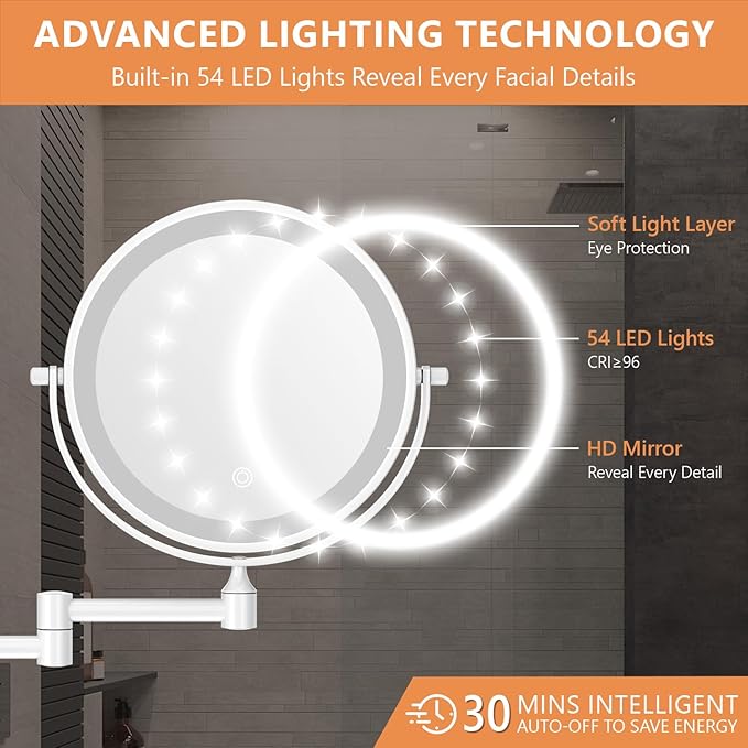Auxmir 1X/20X Wall Mounted Makeup Mirror with Light, 8" Rechargeable Double-Sided Magnifying Mirror, Vanity Mirror Dimmable 3 Color Light, 360° Extension Rotation Foldable 14.5 Inch Arm for Bathroom