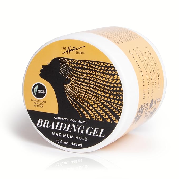 The Hair Shop Braiding Gel, Maximum Extreme Hold to Smooth & Tame Frizz, Made w/Herbal Leaf Extract for No Flakes or Drying, Adds Shine & Holds Braids, Locks, Cornrows, & Twists (15 fl oz)