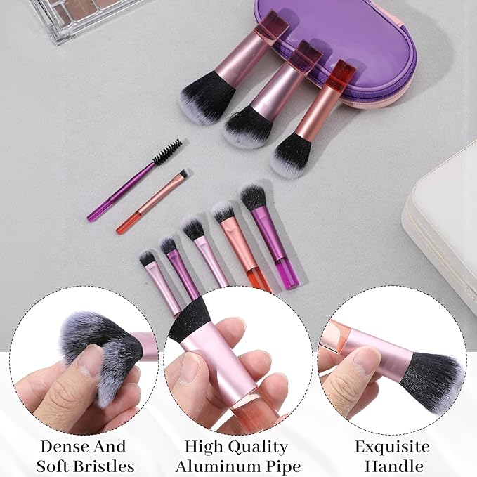 10 Pcs Mini Travel Makeup Brushes Set with Pouch, Short Handle Makeup Brushes for Women Girls Portable Full Complete Function Cosmetic Kit Brush Blush Powder Eye Shadow