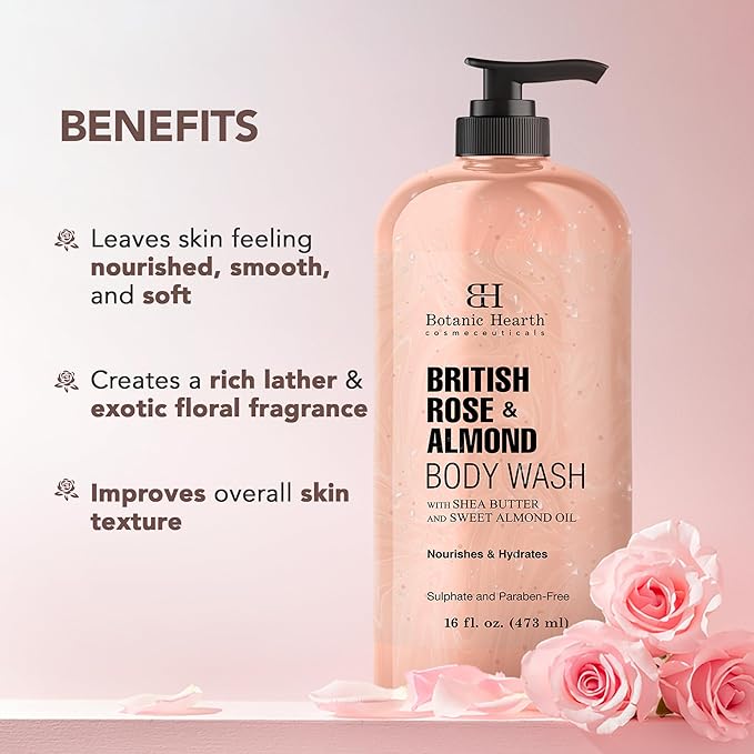 Botanic Hearth British Rose & Almond Body Wash – Moisturizing Shower Gel with Shea Butter, Gentle Hydrating Cleanser, Sulfate & Paraben Free – 16 fl oz