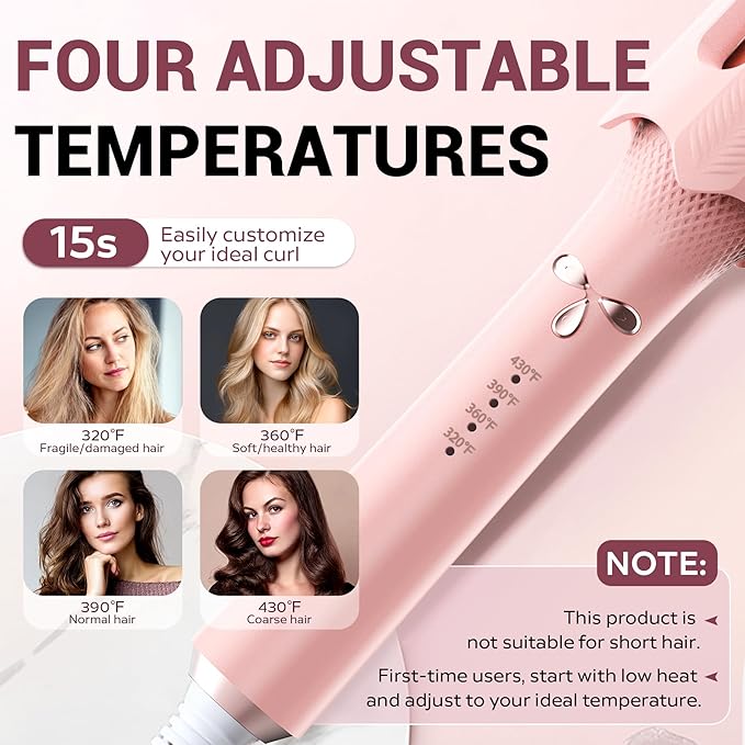 Auto Rotating Hair Curler - 4 Temperature and Timer Settings, Automatic Curling Iron with Automatic Shut-Off, Anti-Tangle and Scalding, Curling Wand for Long Lasting Curls (Pink)