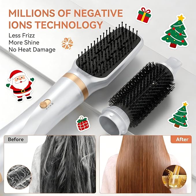 5 in 1 Blow Dryer Brush,110-120V Hair Dryer Brush, Fast Drying & 3 Adjustable Temperatures Hot-Air Hair Brushes, Detachable Hair Styler Set for Curling/Volumizing/Straightening/Styling (White Gold)
