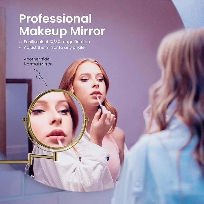 KIBI Circular Wall Mount Makeup Mirror, Dual-Sided 1x/5x Magnifying Mirror with Extendable Arm, 360° Swivel, Solid Brass Construction for Durability and Style (Brushed Brass - KMM100)