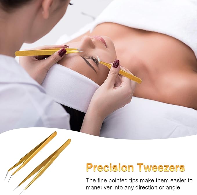 2 Pieces Straight and Curved Tip Tweezers Eyelash Extension Tweezers, Stainless Steel False Lash Application Tools (Gold)