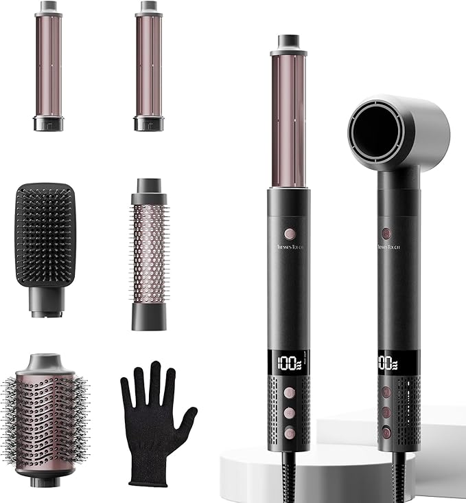 6 in 1 Blow Dryer Brush Set, Powerful Hair Dryer Brush with Auto-Winding Curl L/R, Fast Drying, Smooth Blowouts, Root-Lift Volume, No Heat Damage Frizz-Free Thermal Brush, Hot Air Styler for Travel