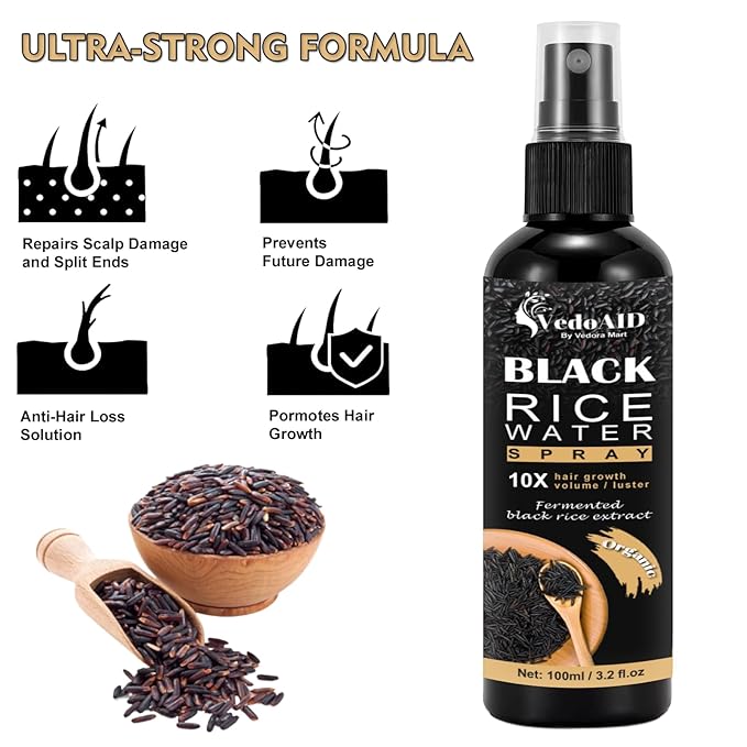 Black Rice Water Spray for Hair Growth – Organic Hair Serum with Castor Oil & Ginger Root – Strengthens, Thickens & Repairs Hair – Hair Loss Treatment for Women & Men – 100ml/3.2 fl.oz (1pc)