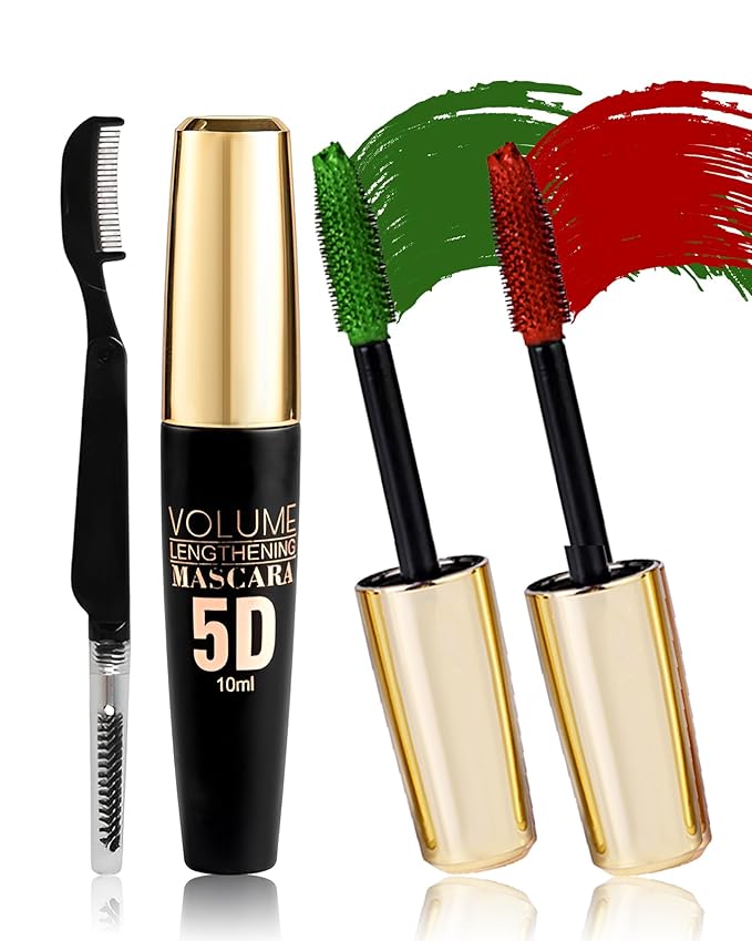 Green Red Waterproof Mascara for Eyelash, 5D Silk Fiber Lashes Extension Colored Tube Mascara with Eyelash Brush, Long Lasting Smudge-proof Volumizing Lengthening, St Patrick's Makeup Gift for Women