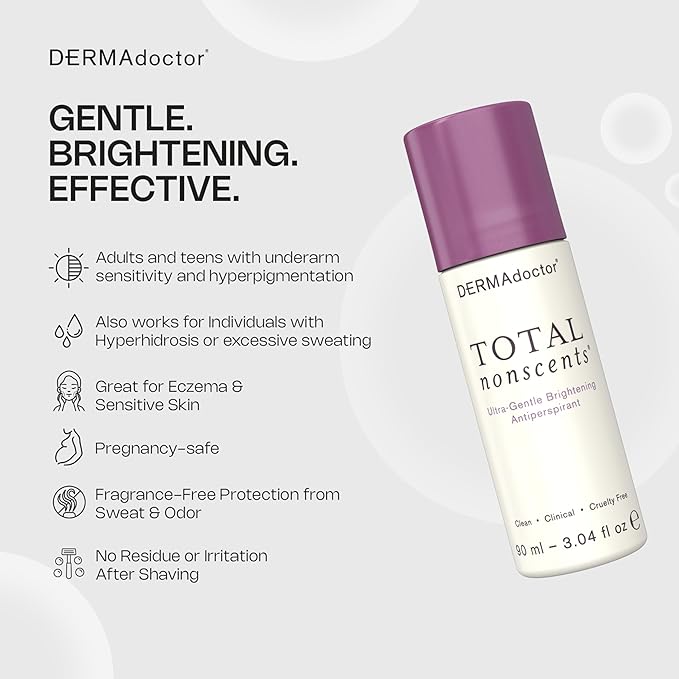 DERMAdoctor Antiperspirant for Women Sensitive Skin, Total NonScents Ultra-Gentle Illuminator, Unscented Clinical Strength Antiperspirant Deodorant for Men & Women; Hypoallergenic Roll On - 3.04 oz
