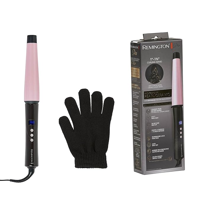 Remington CI9538 Pro 1"-1.5" Pearl Ceramic Conical Curling Wand, Digital Controls + 10 Heat Settings, Black/Pink