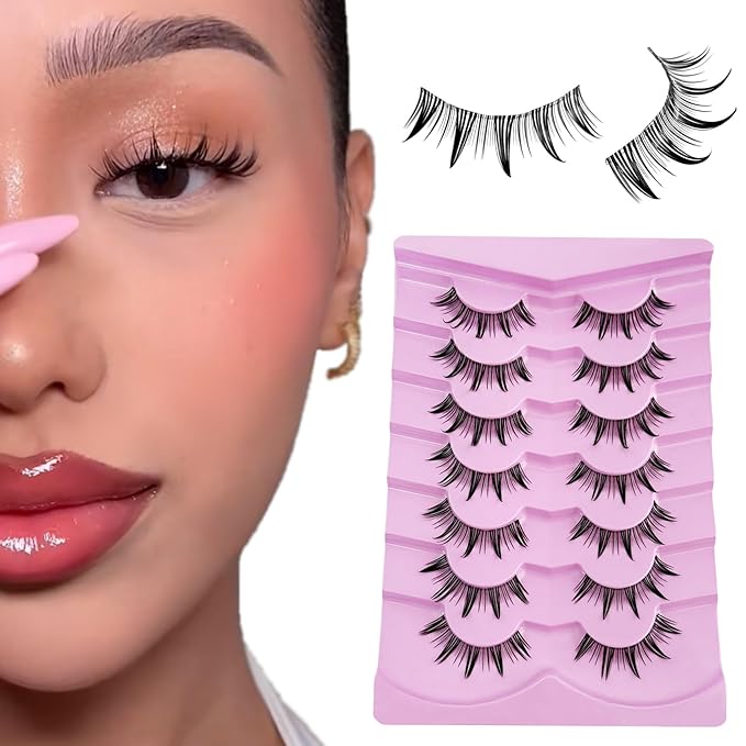 Fairy Lashes Manga Lashes Yasnai Clear Band False Eyelashes Wispy Lashes Fake Lashes Natural Look Eyelashes Wet-Look Spiky Anime Strip Lashes 7 Pairs Pack