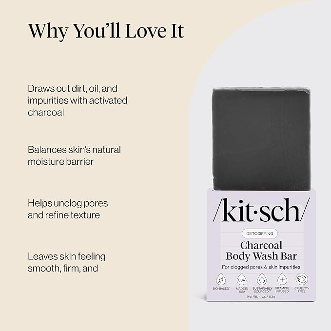 Kitsch Charcoal Soap Body Wash Bar – Detoxifying Bar Soap with Activated Charcoal – Gently Removes Excess Oil & Impurities, Clears Pores, Firms & Moisturizes Skin – Made in USA - 4 oz