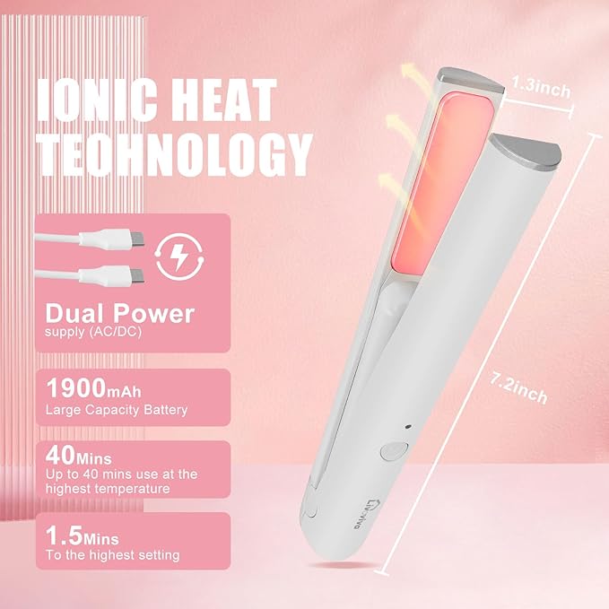 Mini Portable Cordless Hair Straightener,USB Rechargeable，Rapid Heating can Work continuously for 40 Minutes,Wireless Curling Iron for Travel (White)
