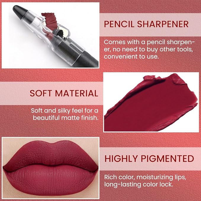 Purple Red Crayon Matte Lipstick Lip Liner Pencil, Moisture Smooth Lipstick Penil, With Pencil Sharpener Sharpenable Lip Pen Ultimate Lip Crayon for Women Easy to Apply Waterproof 07#