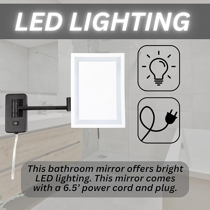JERDON Rectangular Wall Mount Makeup Mirror - Black Makeup Mirror with 5X Magnification and LED Lights - Plug in - Model JRT710BKL