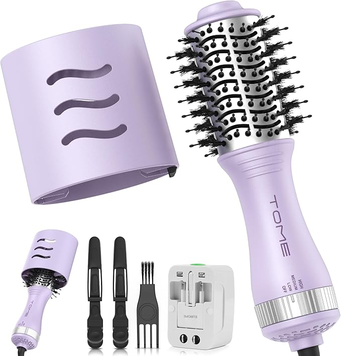 Tome Travel Hair Dryer Brush, Dual Voltage Blow Dryer Brush, Mini Hot Air Portable 2 inch Travel Hair Dryer Styler Volumizer Oval Shape (Purple)