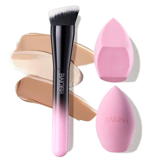 Makeup Brush Set, Flat Top Kabuki Brush Premium Foundation Brush for Liquid, Cream, and Powder with 2 Makeup Sponge for Foundation, Powder, Blush, and Concealer