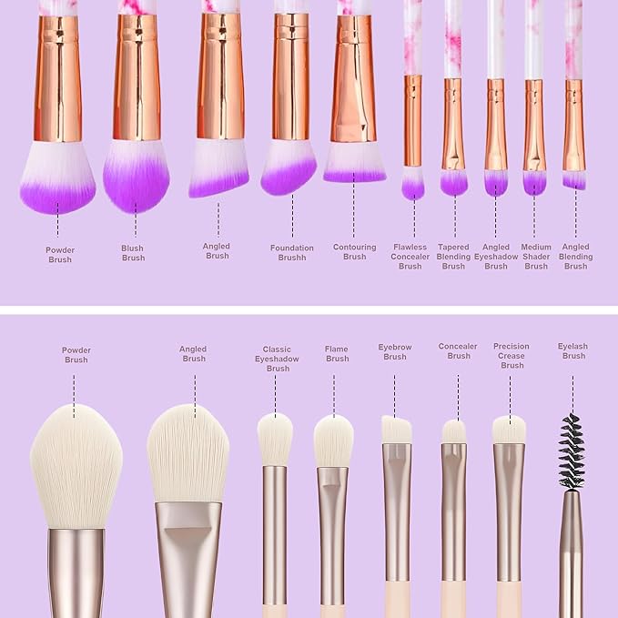 Purple Makeup Brush Set for Girls, Include 18 Pcs Makeup Brush & 12 Pcs Blending Sponge & Mirror Case, Nice for Learning Makeup