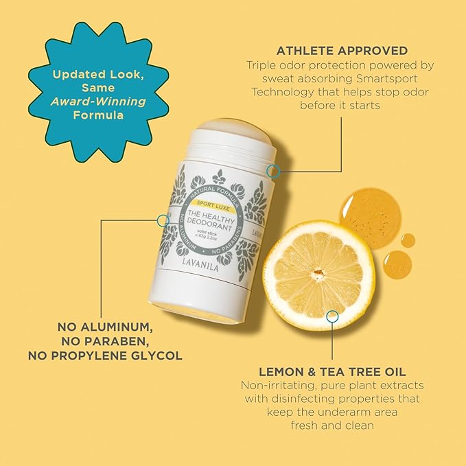 Lavanila Aluminum Free Sport Luxe Deodorant 4-pack (2oz Each) - The Healthy Deodorant for Men & Women - Triple Odor Protection, Fresh Scent Solid Stick, Vegan