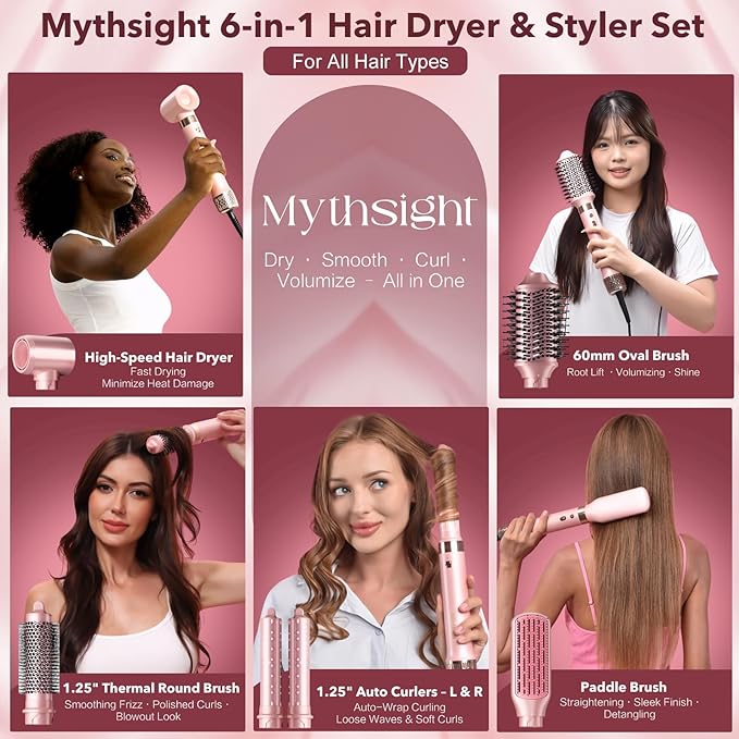 6‑in‑1 Air Wrap Styler, Hair Dryer Brush & Thermal Brush – Fast Dry, Smooth & Shiny Blowouts, Volumizing, Auto Curl L/R, Frizz‑Free No Heat Damage, Includes Travel Bag & Heat‑Resistant Glove
