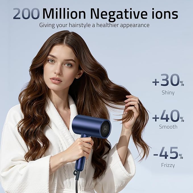 CONFU Diffuser Hair Dryer for Curly Hair,1500W Fast Drying Blow Dryer with Diffuser for Women,Compact & Portable Negative Ion Hairdryer Blowdryer,Lightweight and Foldable Design for Travel(Blue)