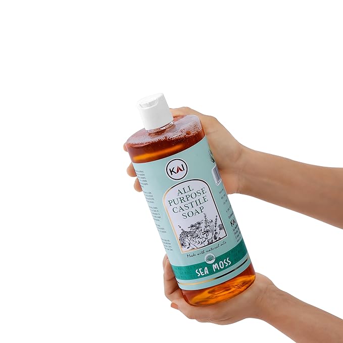 Sea Moss Liquid Castile Soap; Concentrated and All-Purpose; Use for All Natural Body Wash, Face Cleanser, Hair Shampoo, Hands, Dishes, Laundry, Floors, and Pets; 32 Ounce (1 Pack)