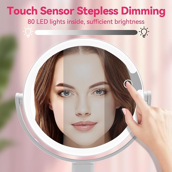 Makeup Mirror with Lights, Lighted Makeup Mirror with Magnification, 80 LED Vanity Mirror with Lights, 3 Color Modes & Stepless Dimming, Shatterp roof & Stable Base