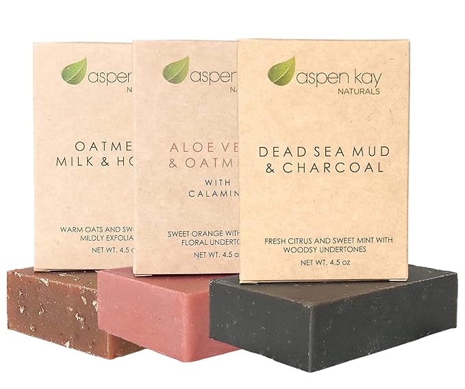 Soap Set - Made with Natural and Organic Ingredients. Gentle Soap. 1 Oatmeal Milk & Honey Soap - 1 Calamine Soap - 1 Dead Sea Mud & Charcoal Soap - 4.5oz Bar