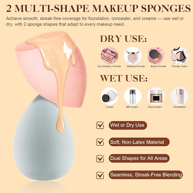 HEYMKGO Makeup Brushes, 16Pcs Brush Kit Premium Synthetic Foundation Powder Contour Concealer Blush Highlighter Brush Set with 2Pcs Makeup Sponge and 4Pcs Hair Clips for Women