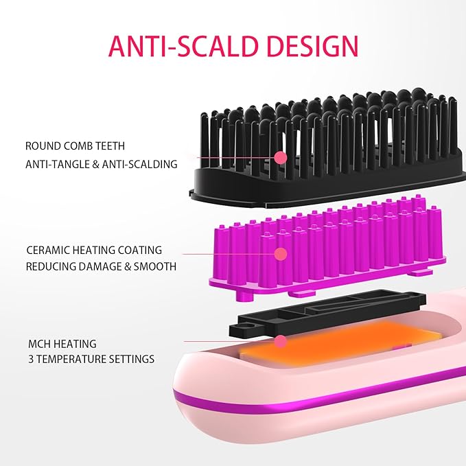 Cordless Hair Straightener Brush for Travel, 200 Million Negative Ionic Portable Hair Straightener Comb for Women with LED Display & 3 Temps, 30s Fast Heating USB Charging Smooth Frizz(Purple)