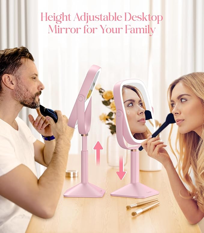 Gospire Rectangle Lighted Makeup Mirror with Lights 3 Color, Height Adjustable and 1X/10X Magnifying, 4000mAh Rechargeable Battery for Bedroom, 8.5”x7.4” Large Surface, Stepless Dimming - Pink