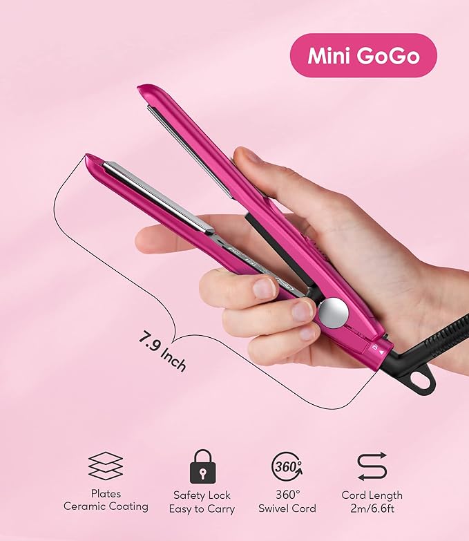Terviiix Mini Flat Iron for Travel, 1/2'' Small Hair Straightener for Short Hair/Bangs, 0.5'' Portable Ceramic Straightening Irons, Dual Voltage, Pouch Included, Compact Size, Pink