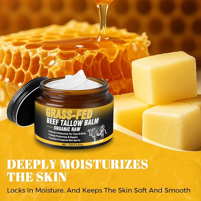 Beef Tallow for Skin Cream 120ml, Tallow And Honey Balm, Grass-Fed Whipped Tallow Face Moisturizer, Deep Nourishing for Face & Body, Suitable For All Skin Types