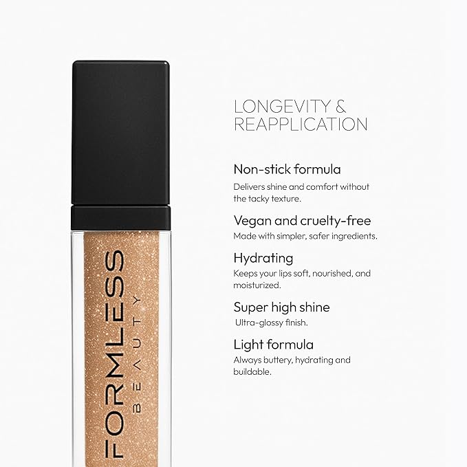 Formless Beauty | Radiance Lip Gloss by Jenny McCarthy | Mid-tone Nude with Bronze Glitter | Vegan Hydrating Formula | Non-Sticky Coconut Oil Infused | Paraben & Cruelty Free | Natural Lip Enhancer