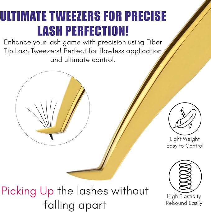 2pcs Fiber Tip Lash Tweezer Set – Boot Mega Volume Tweezer & Straight Isolation Tweezer, Precision Stainless Steel Lash Extension Tools, Non-Slip Grip, Tweezers for Classic & Volume Fans (Gold)