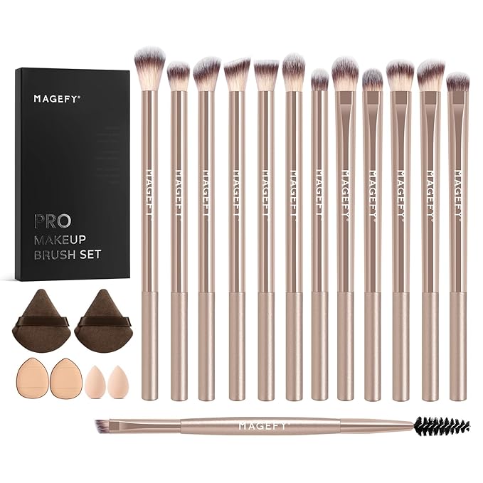 MAGEFY 20 Pcs Makeup Tool Set,13 Eye Makeup Brushes Professional Eyeshadow Makeup Brushes Set for Eyeshadow, Eyebrow, Eyeliner, Blending Concealer-Champagne