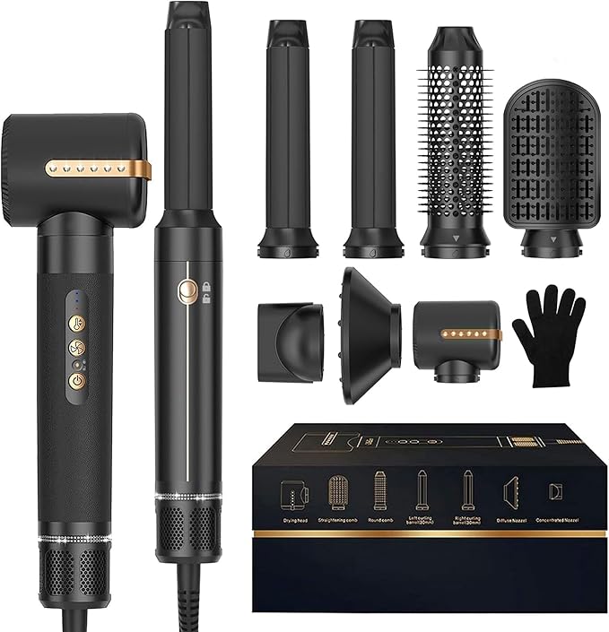 7 in ONE Hair Dryer Brush, Powerful Blow Dryer Brush with Auto- Wrap Curler, Detachable Fast Drying, Volumizing, Curling, Straightening, Ionic Hair Dryer with Diffuser, Hair Styling Tools 100-120V