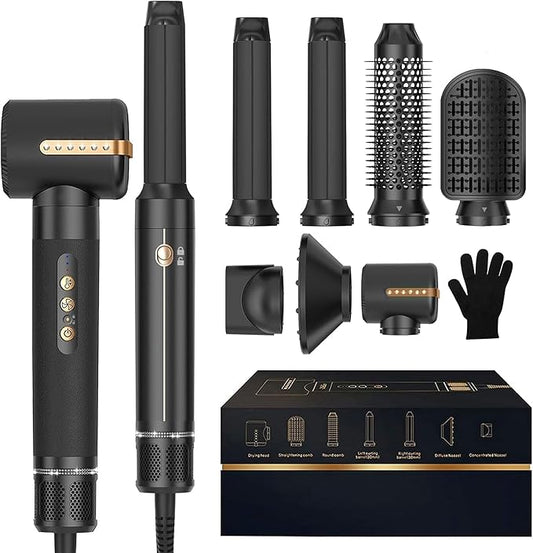 7 in ONE Hair Dryer Brush, Powerful Blow Dryer Brush with Auto- Wrap Curler, Detachable Fast Drying, Volumizing, Curling, Straightening, Ionic Hair Dryer with Diffuser, Hair Styling Tools 100-120V