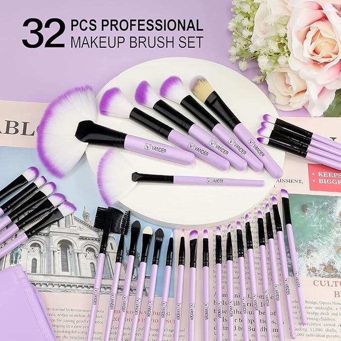 Vander Makeup Brushes, 32Pcs Professional Premium Synthetic Makeup Brush Set with Case, Eyeshadow Foundation Blending Face Contour Cosmetic Brush Travel Make up Brushes Set for Women, Girl (Purple)