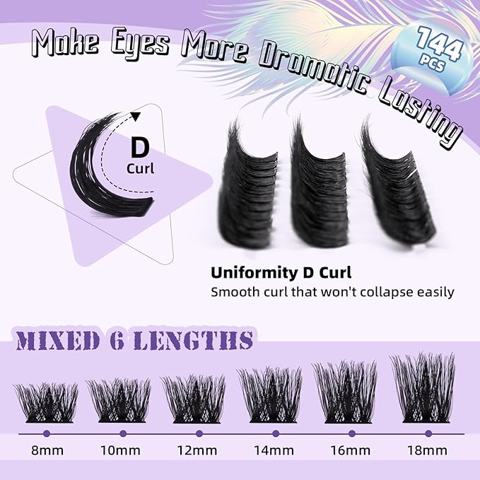 Lash Extension Kit F01 Eyelash Extension Kit 144 PCS Ultralight Eyelash Clusters Lash Clusters Kit 8-18mm DIY Ultra-Soft False Eyelashes at Home with Lash Applicator Tools (Kit，F01)
