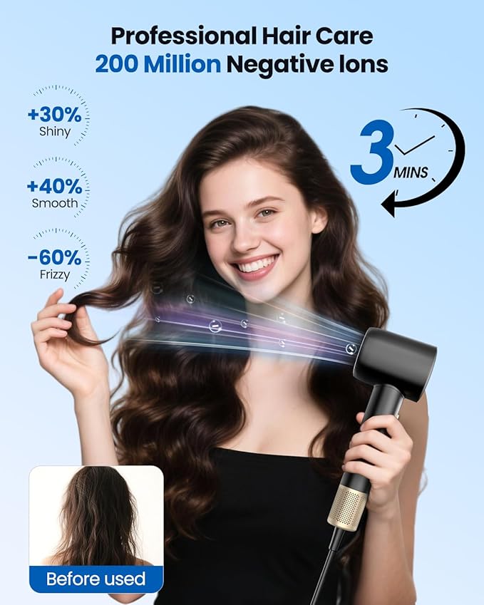 High Speed Hair Dryer, Professional Ionic Hairdryer with Brushless Motor for Fast Drying, Thermo-Control Quiet Hair Blow Dryer with Magnetic Diffuser for Women & Men, Home, Salon, Travel
