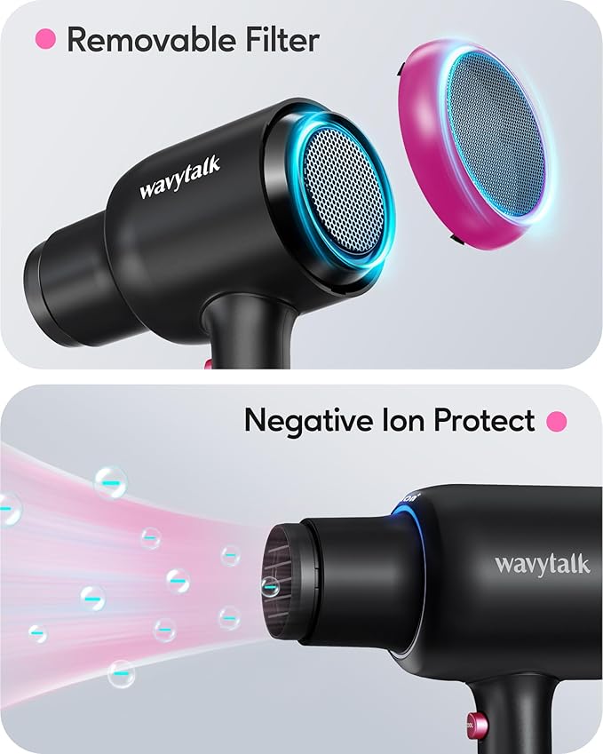 Wavytalk Hair Dryer with Diffuser, Blown Away Ionic Hair Dryer with 4 Attachments for All Hair Types, 1875W Blow Dryer with Ceramic Technology, Gift Packaging, Light and Quiet, Black