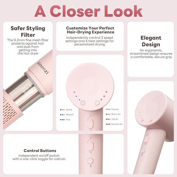 Hair Dryer, High-Speed Ionic Low Noise Blow Dryer with Brushless Motor for Fast Drying, Thermo-Control Quiet Compact Pink Hair Blow Dryers with Magnetic Diffuser for Curly Hair for Home Travel Salon
