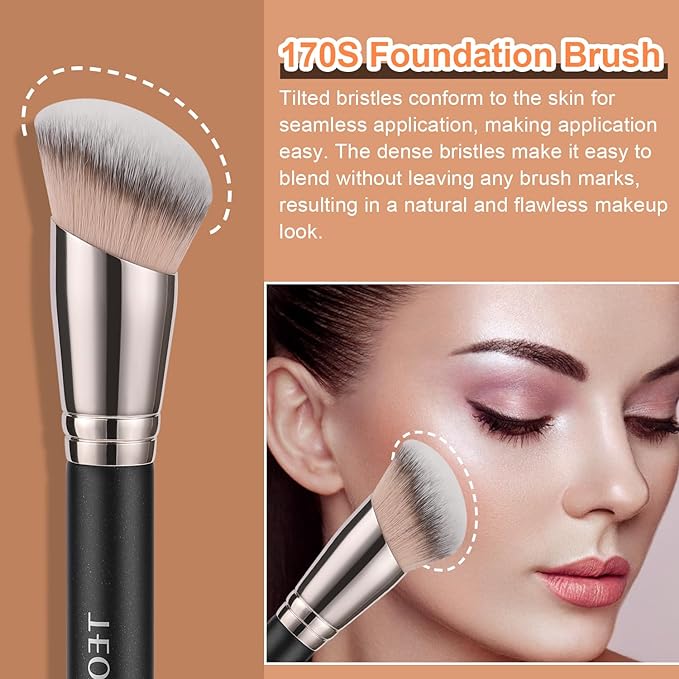 TEOYALL Foundation Contour Conceal Brush Set, 3PCS Angled Synthetic Kabuki Brush for Blending Setting Buffing with Liquid, Cream and Powder Cosmetic (170S/270S/370S)